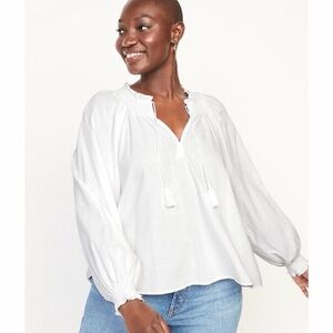 Oversized Long-Sleeve Smocked Linen-Blend Top